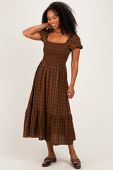 Brown Plaid Smocked Puff Sleeve Tiered Midi Dress