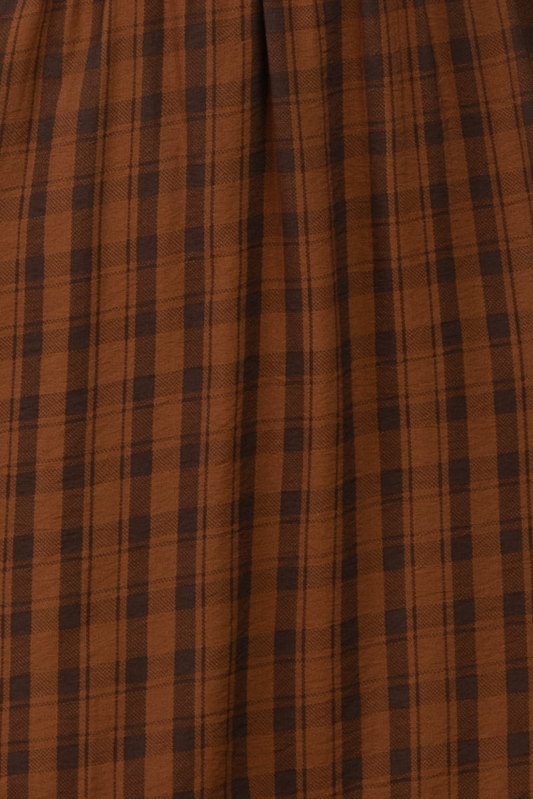 Brown Plaid Smocked Puff Sleeve Tiered Midi Dress