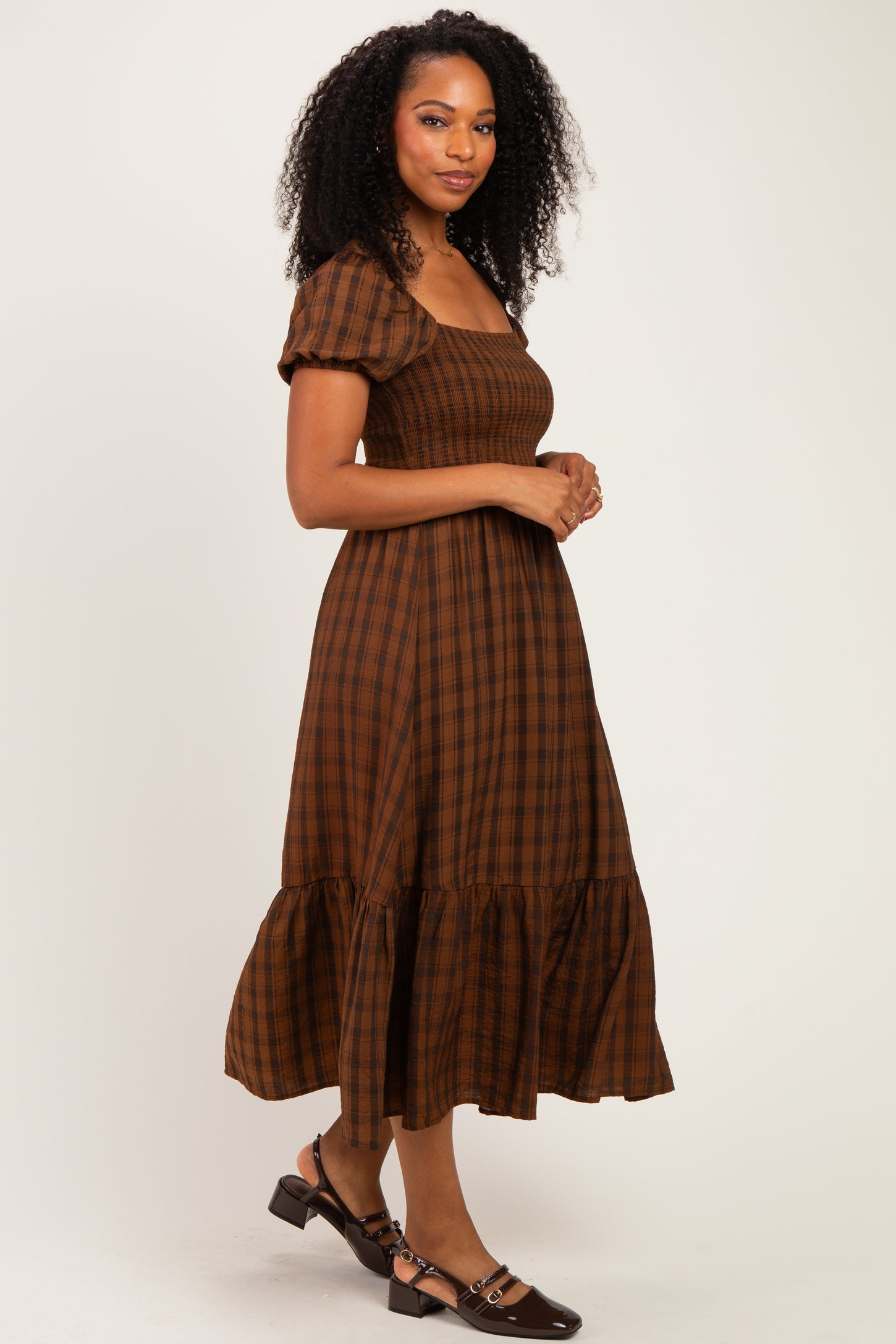 Brown Plaid Smocked Puff Sleeve Tiered Midi Dress