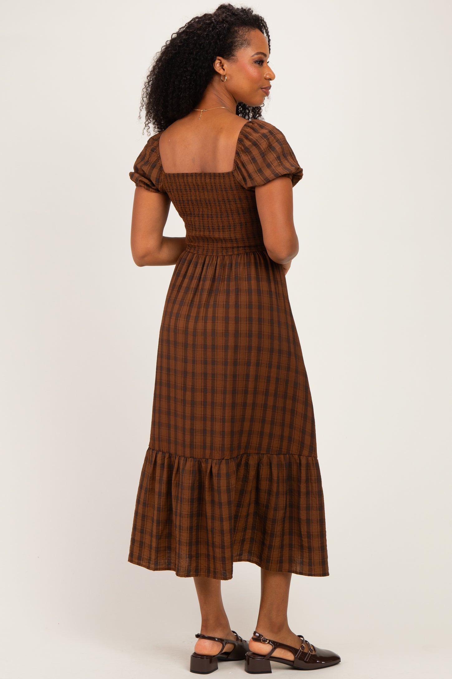 Brown Plaid Smocked Puff Sleeve Tiered Midi Dress
