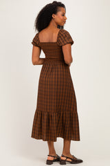Brown Plaid Smocked Puff Sleeve Tiered Midi Dress
