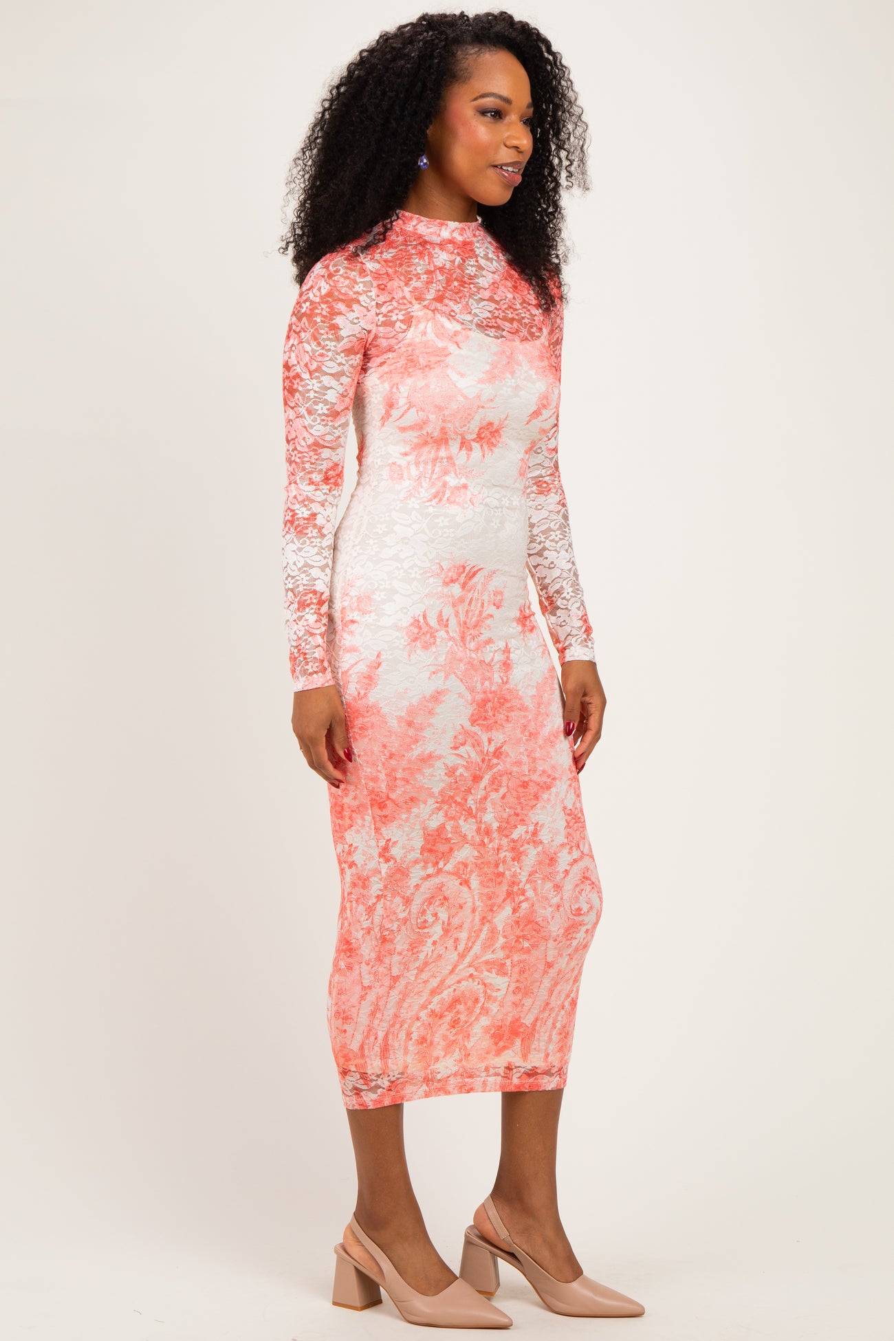 Peach Floral Long Sleeve Mesh Midi Dress
