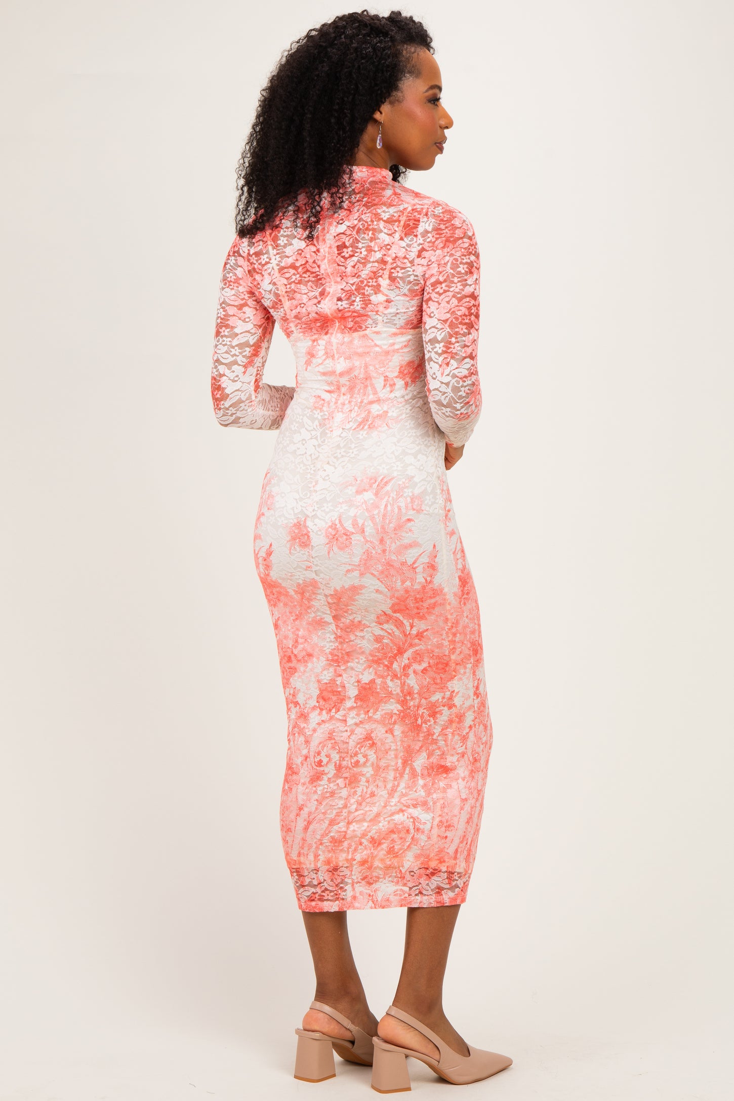 Peach Floral Long Sleeve Mesh Midi Dress