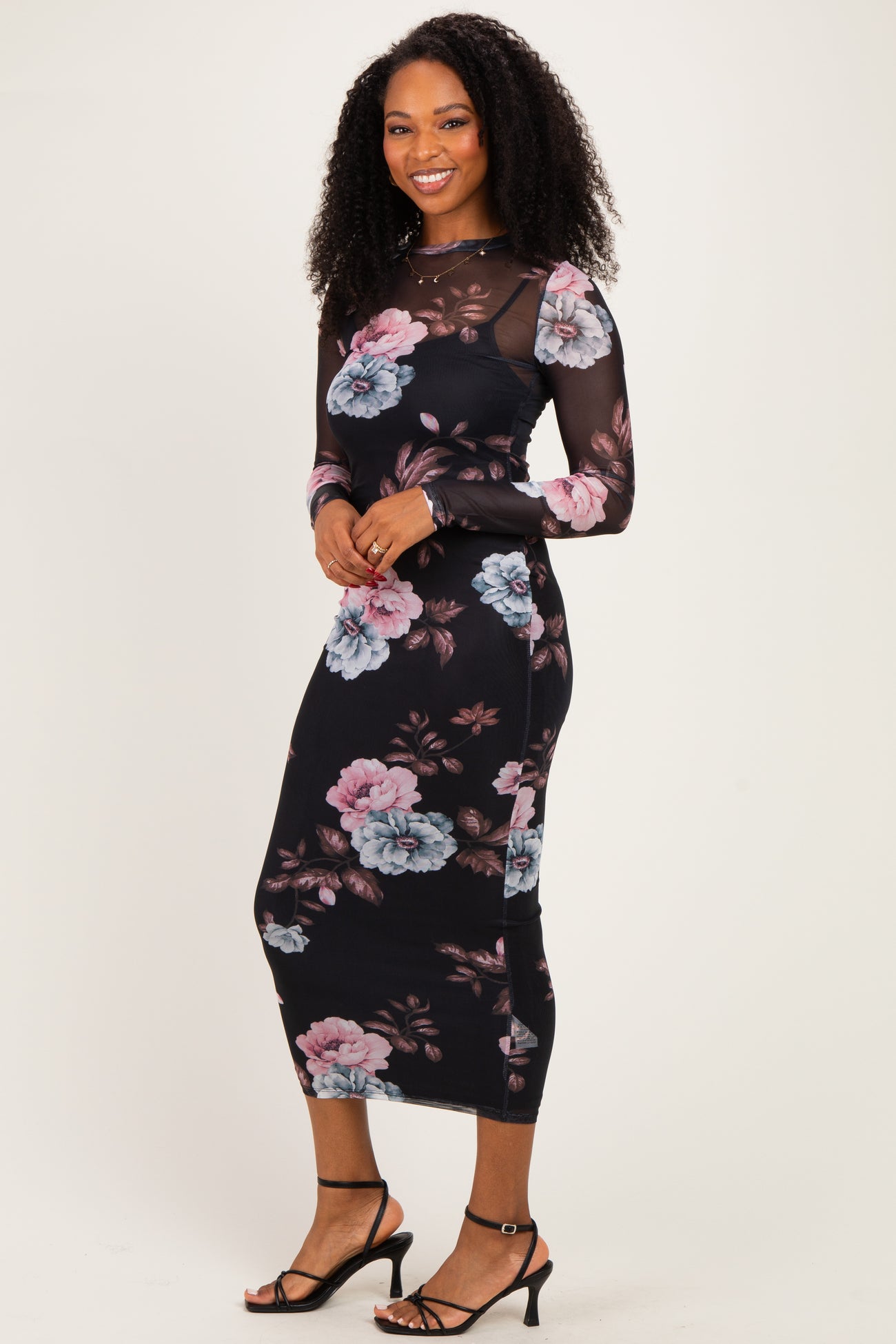 Black Floral Long Sleeve Mesh Maternity Midi Dress