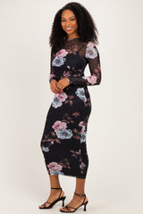 Black Floral Long Sleeve Mesh Maternity Midi Dress