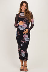 Black Floral Long Sleeve Mesh Maternity Midi Dress