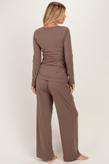Mocha Henley Wide Leg Pant Lounge Set