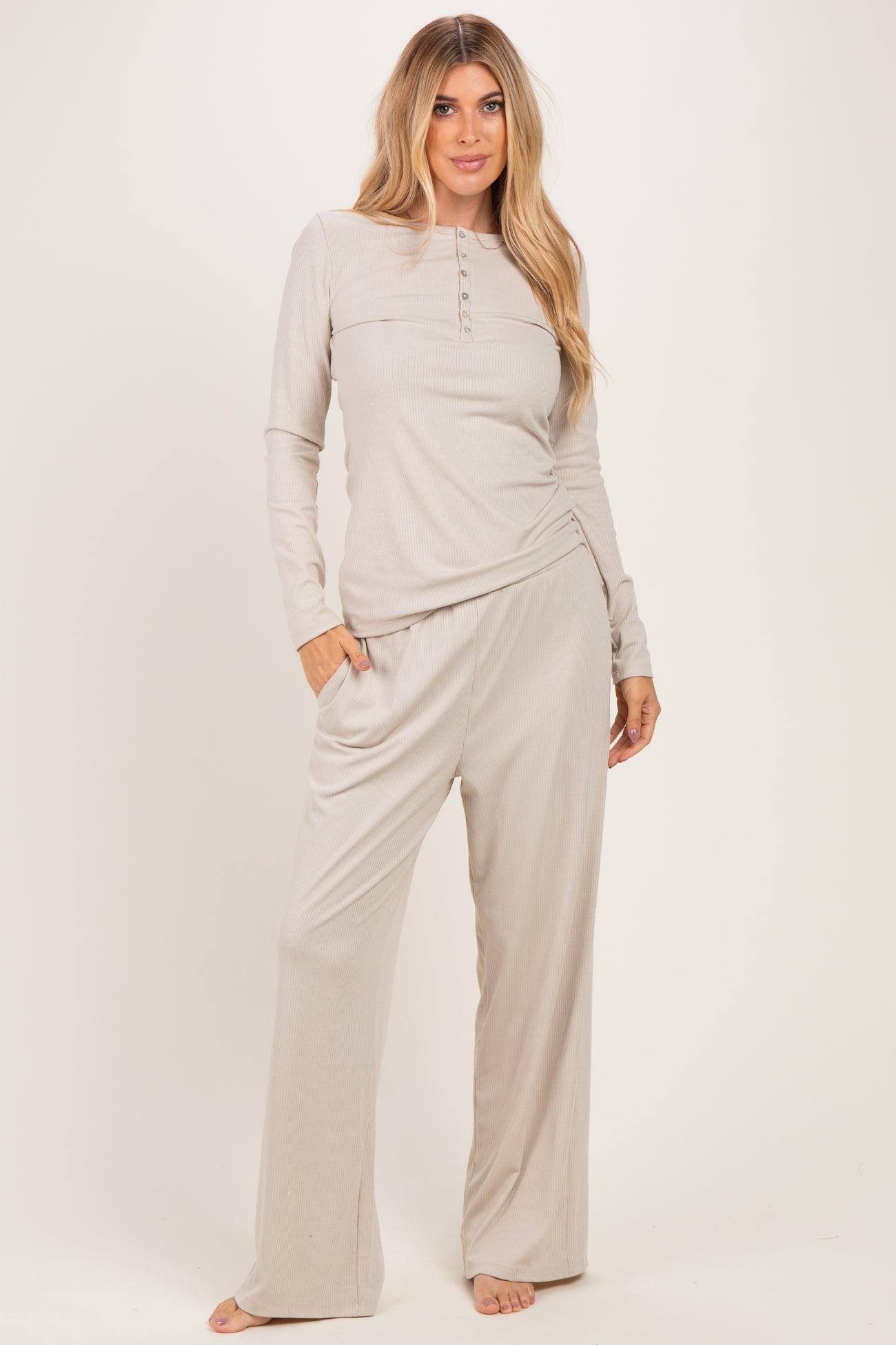 Oatmeal Henley Wide Leg Pant Lounge Set