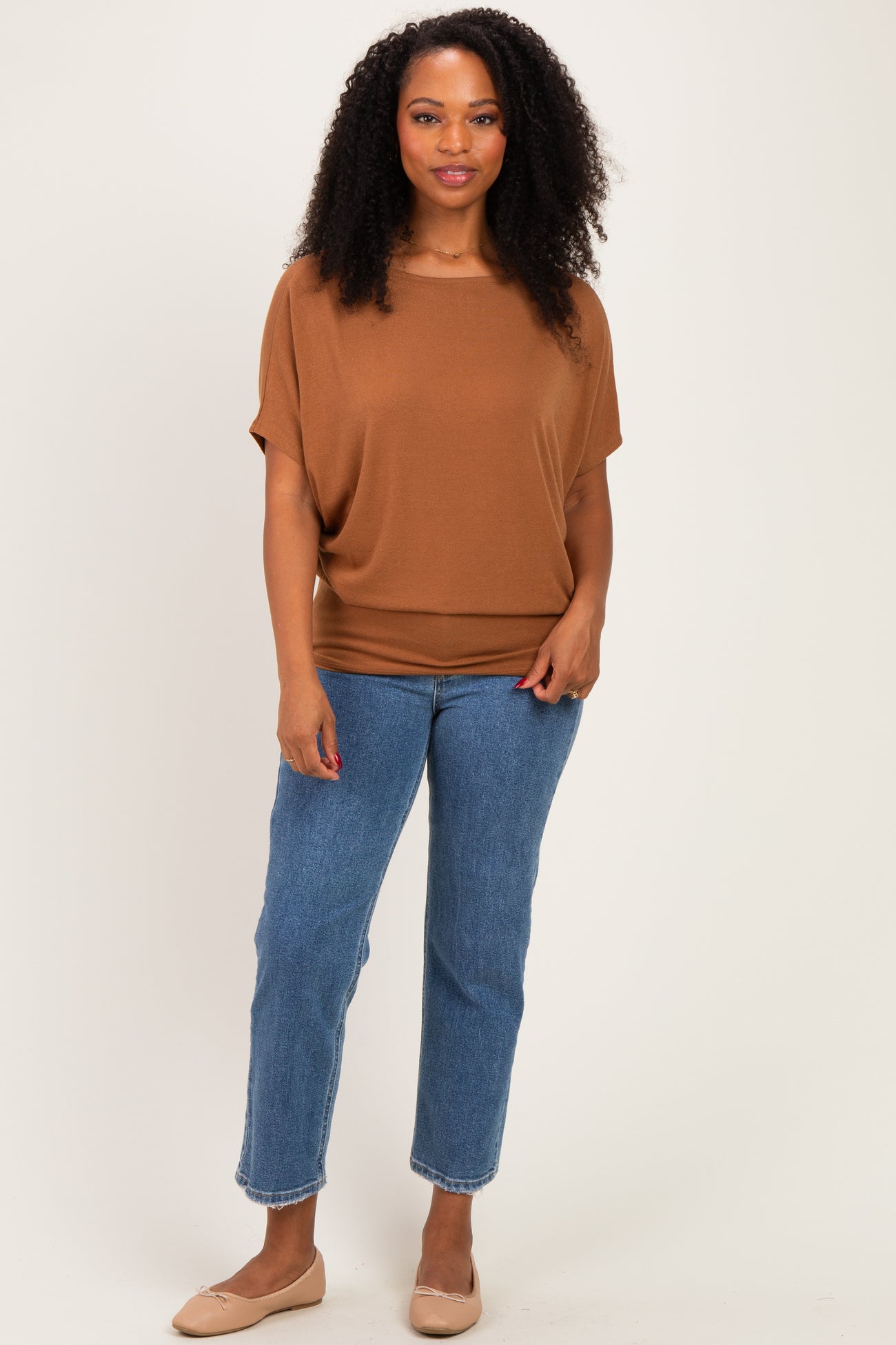 Deep Camel Dolman Sleeve Boat Neck Top