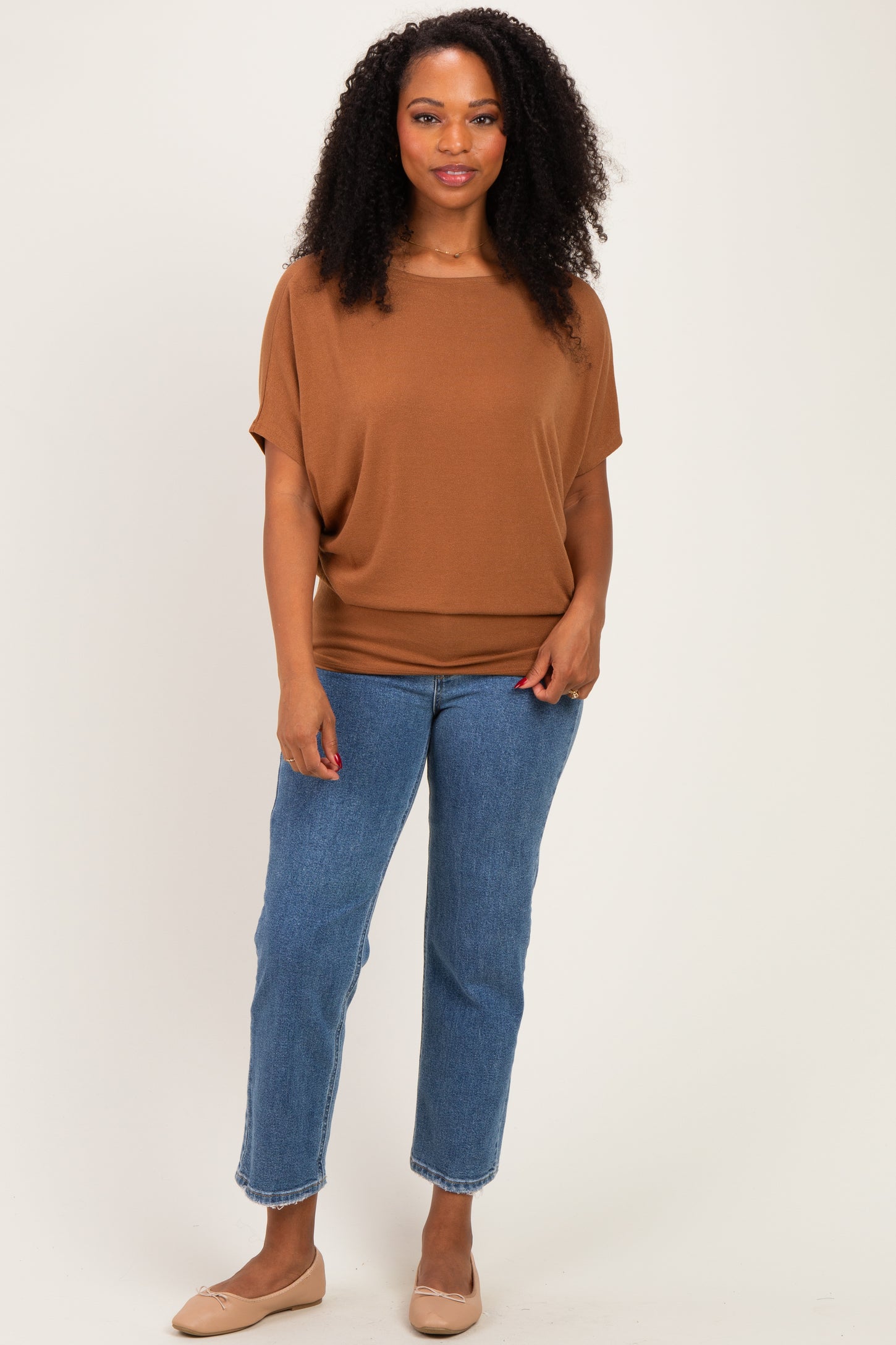 Deep Camel Dolman Sleeve Boat Neck Top