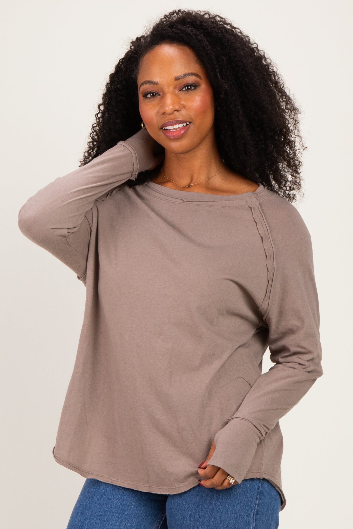 Cocoa Exposed Seam Long Sleeve Top