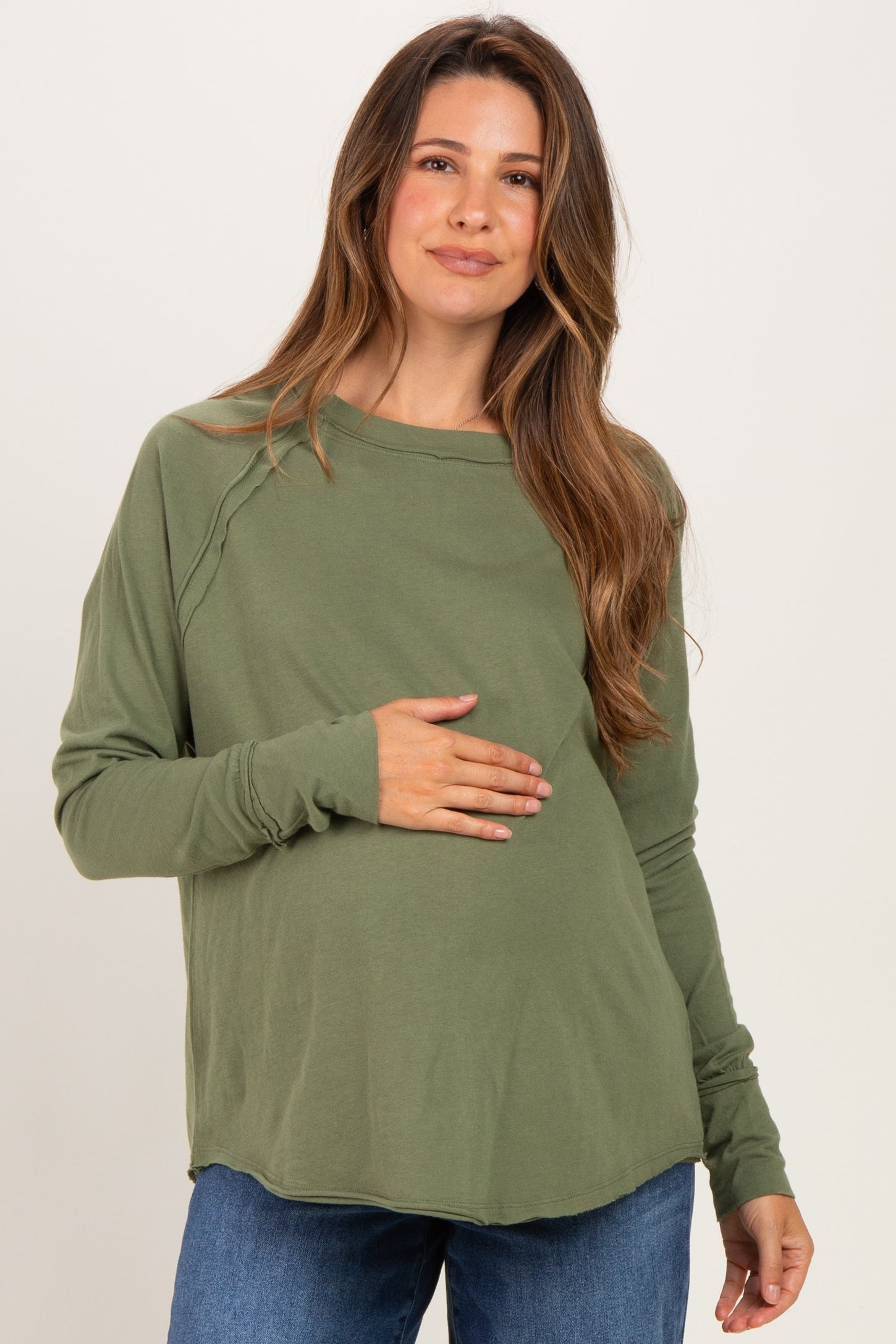 Light Olive Exposed Seam Long Sleeve Maternity Top