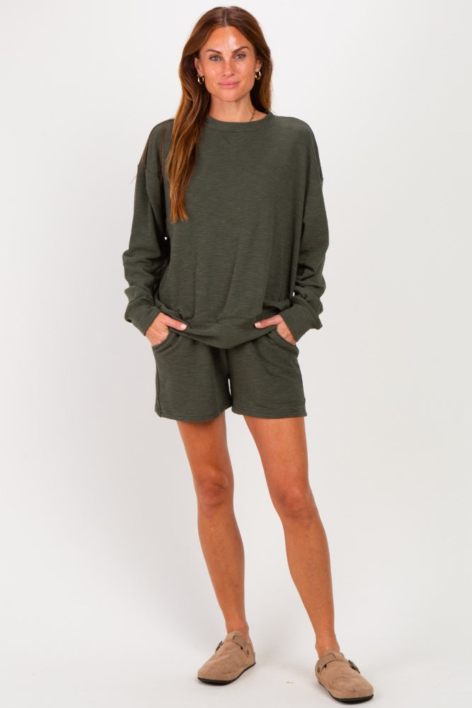 Dark Olive Maternity Pullover & Shorts Set