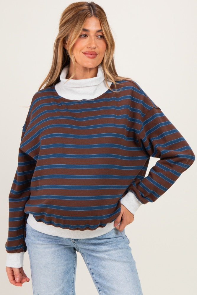 Brown Multi Striped Maternity Turtleneck Sweatshirt