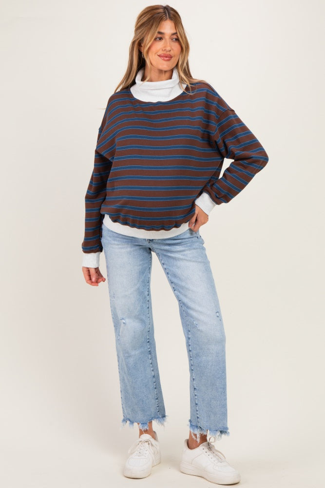 Brown Multi Striped Maternity Turtleneck Sweatshirt