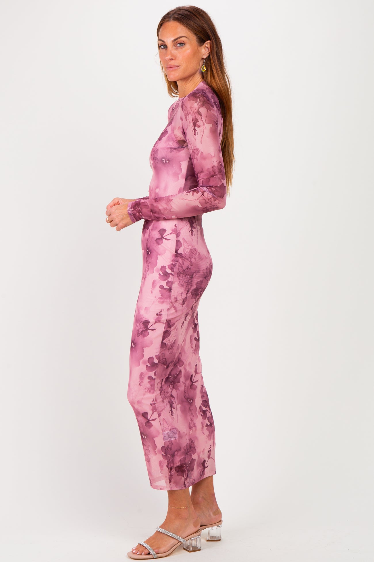 Light Pink Floral Mesh Long Sleeve Midi Dress