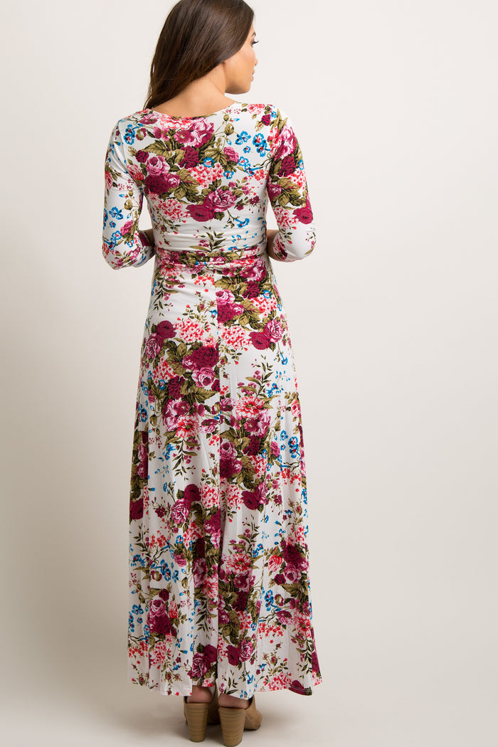Ivory Floral Draped 3/4 Sleeve Maternity Maxi Dress