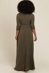 PinkBlush Olive Green Draped 3/4 Sleeve Maxi Dress