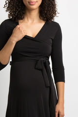 Black Solid Sash Tie Maternity Maxi Dress