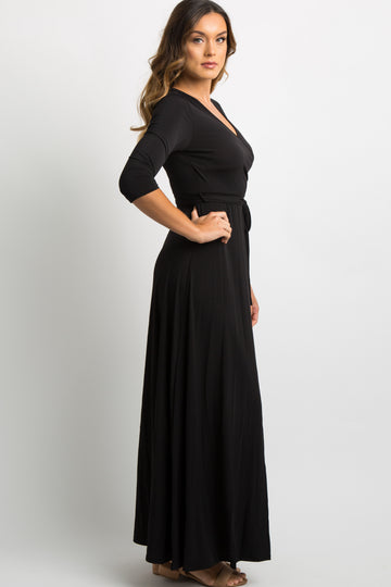 Black Solid Sash Tie Maxi Dress