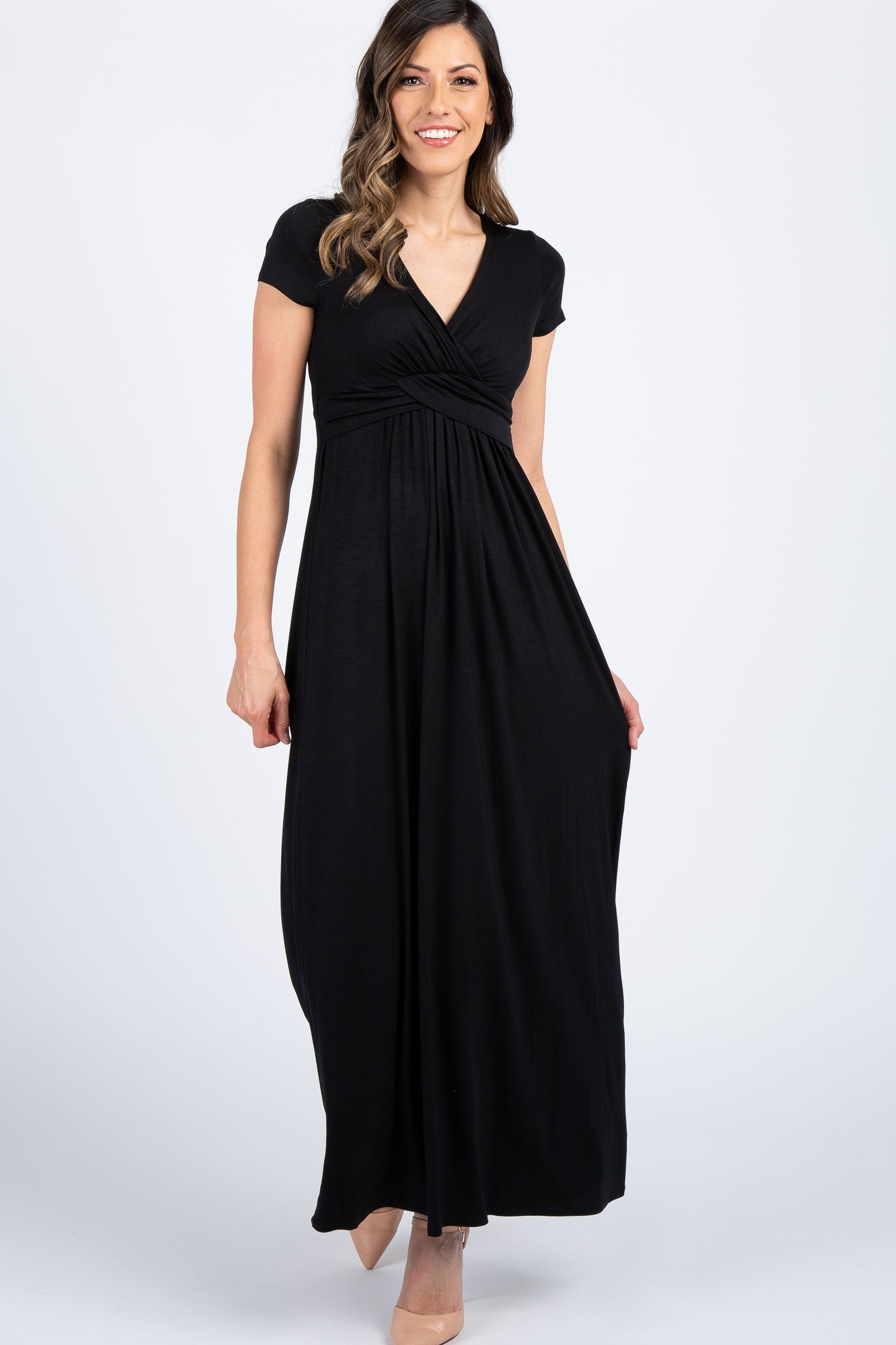 PinkBlush Petite Black Draped Maternity/Nursing Maxi Dress