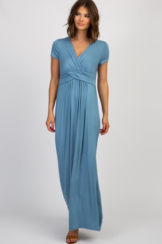 PinkBlush Blue Draped Maternity/Nursing Maxi Dress
