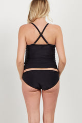 Black Solid Wrap Front Maternity Tankini Top