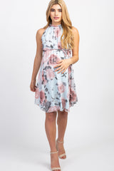 Light Blue Floral High Neck Maternity Dress