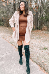 Taupe Fuzzy Hooded Long Sleeve Maternity Jacket
