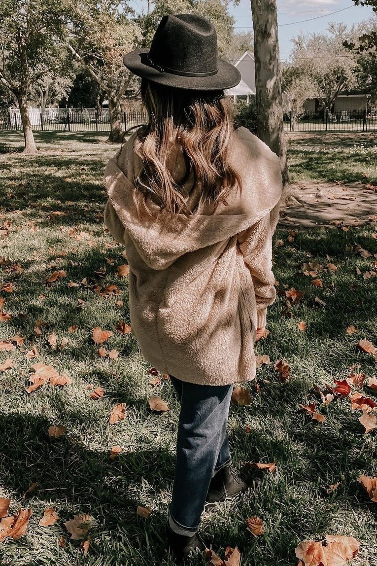 Taupe Fuzzy Hooded Long Sleeve Jacket