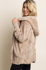 Taupe Fuzzy Hooded Long Sleeve Maternity Jacket