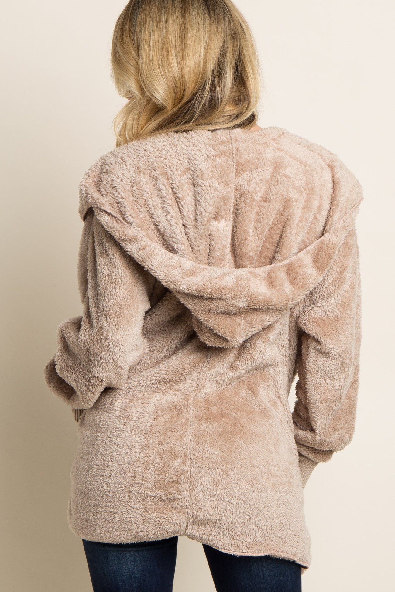 Taupe Fuzzy Hooded Long Sleeve Maternity Jacket