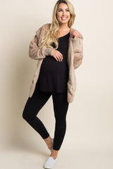 Taupe Fuzzy Hooded Long Sleeve Maternity Jacket