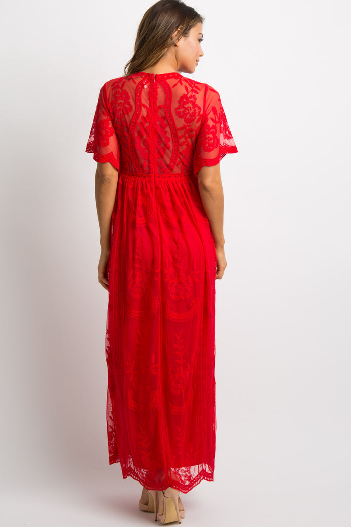 PinkBlush Red Lace Mesh Overlay Maxi Dress