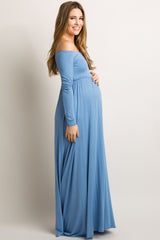 PinkBlush Petite Blue Solid Off Shoulder Maternity Maxi Dress