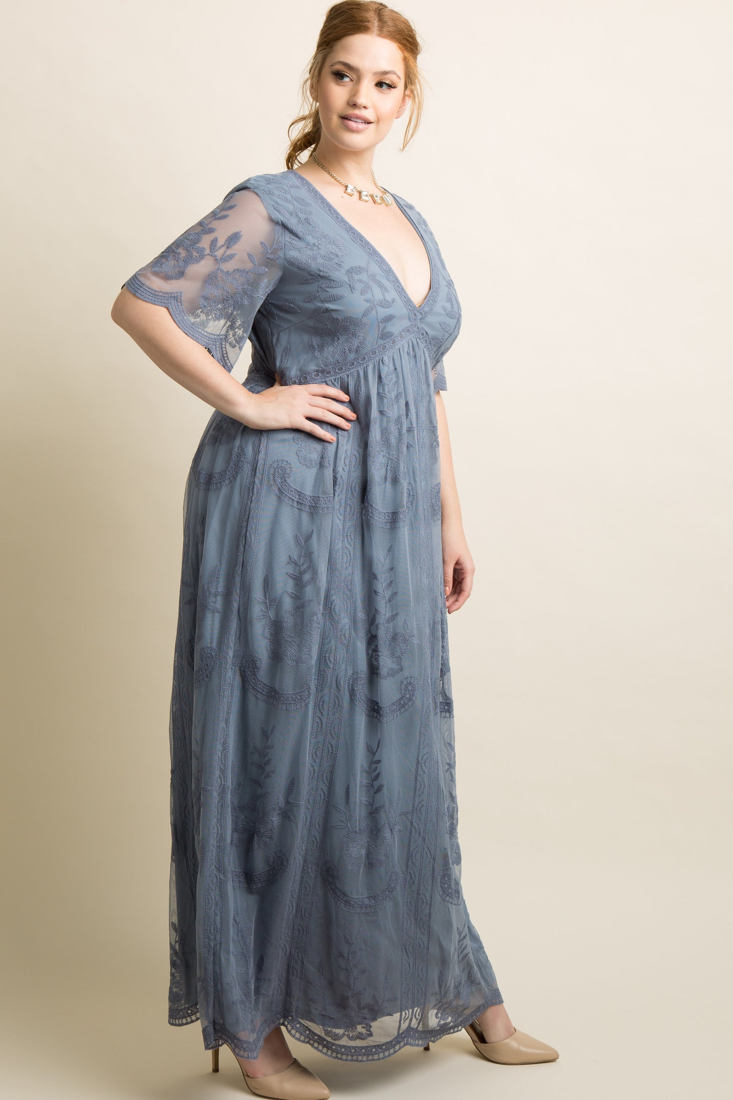 PinkBlush Blue Lace Mesh Overlay Plus Maxi Dress