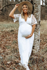 PinkBlush White Lace Mesh Overlay Maternity Maxi Dress