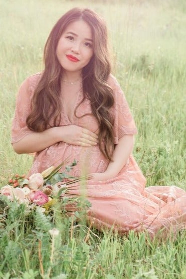 Light Pink Lace Mesh Overlay Maternity Maxi Dress