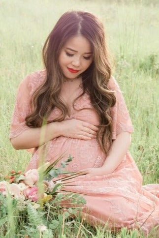 Light Pink Lace Mesh Overlay Maternity Maxi Dress