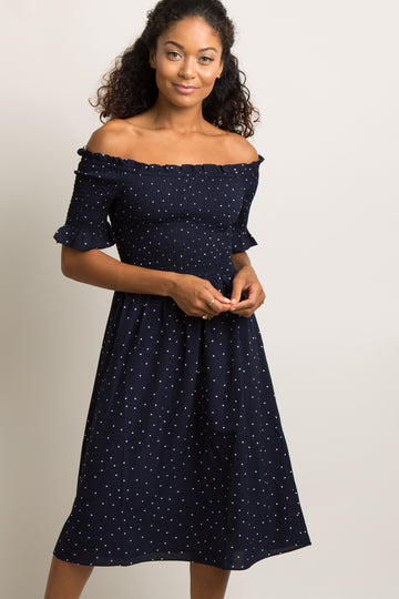 Navy Polka Dot Smocked Dress