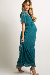 PinkBlush Teal Lace Mesh Overlay Maternity Maxi Dress