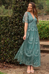 Sage Lace Mesh Overlay Maxi Dress