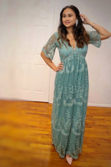 Sage Lace Mesh Overlay Maxi Dress