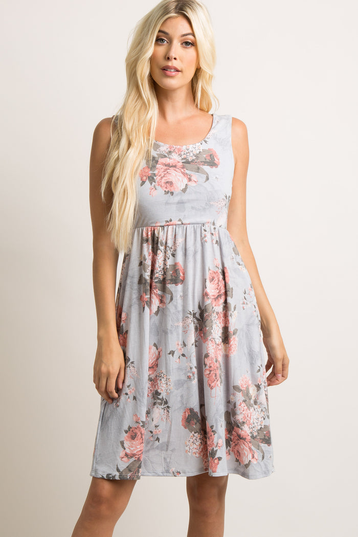 Light Grey Floral Sleeveless Maternity Dress