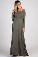 PinkBlush Olive Solid Off Shoulder Maternity Maxi Dress