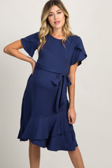 Navy Blue Solid Flounce Trim Maternity Dress