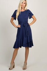 Navy Blue Solid Flounce Trim Maternity Dress