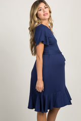 Navy Blue Solid Flounce Trim Maternity Dress