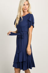 Navy Blue Solid Flounce Trim Dress