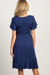 Navy Blue Solid Flounce Trim Maternity Dress